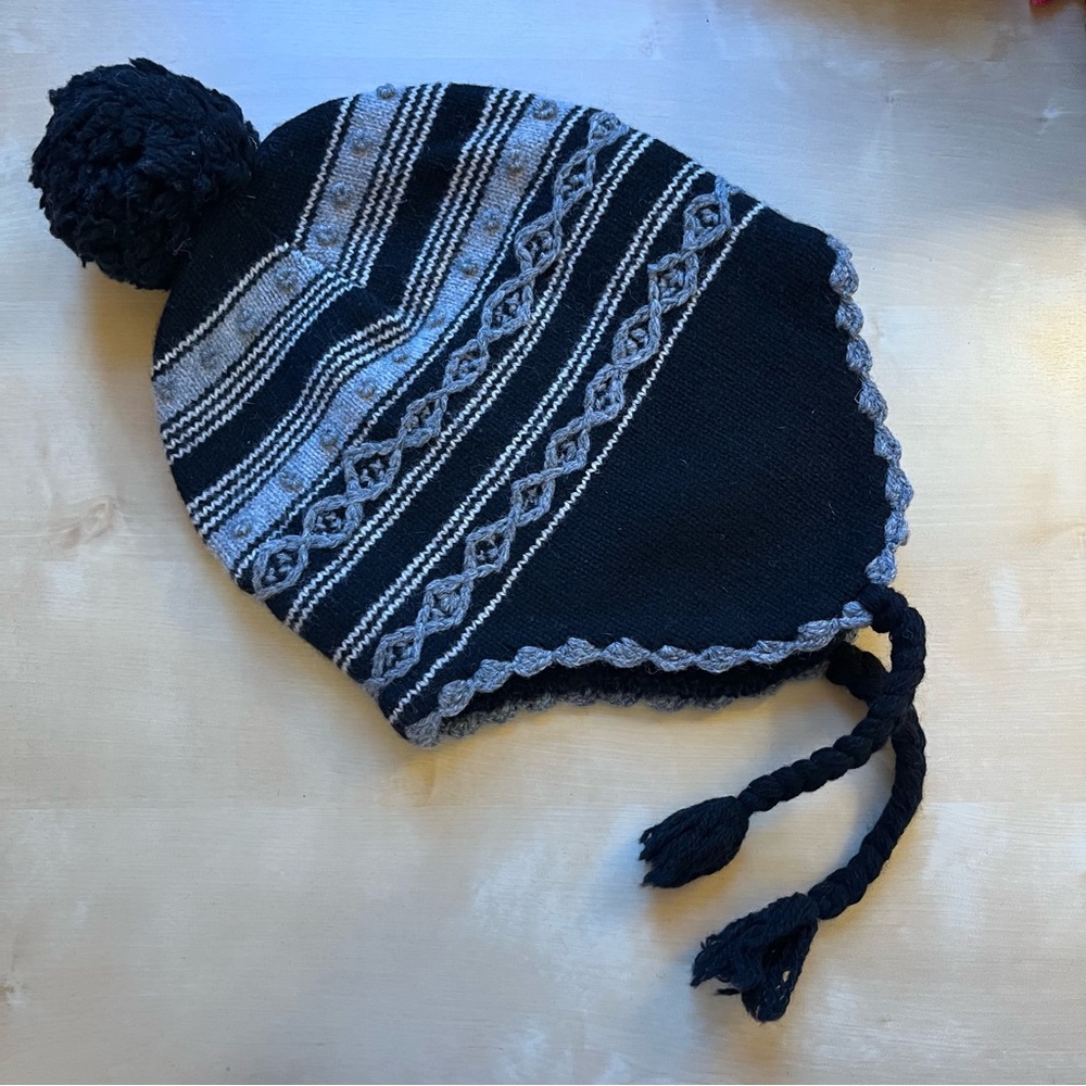 J. Crew Black and Gray Knit Pom-Pom Hat